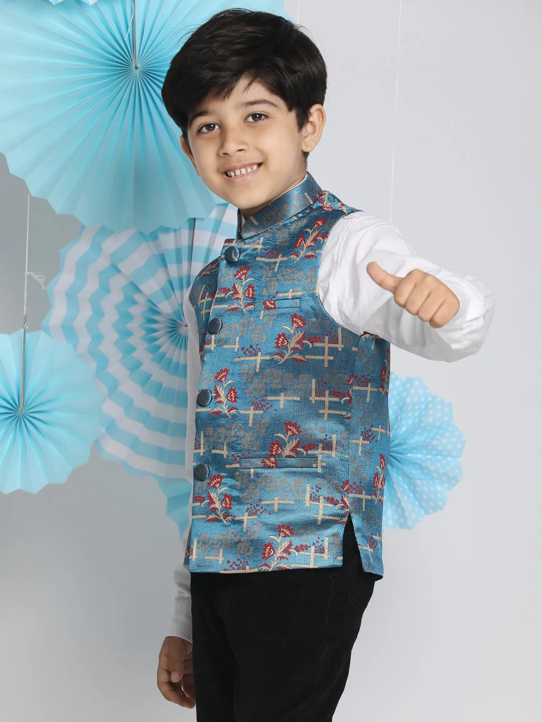 VASTRAMAY Boys' Multicolor-Base-Turquoise Jacquard Nehru Jacket