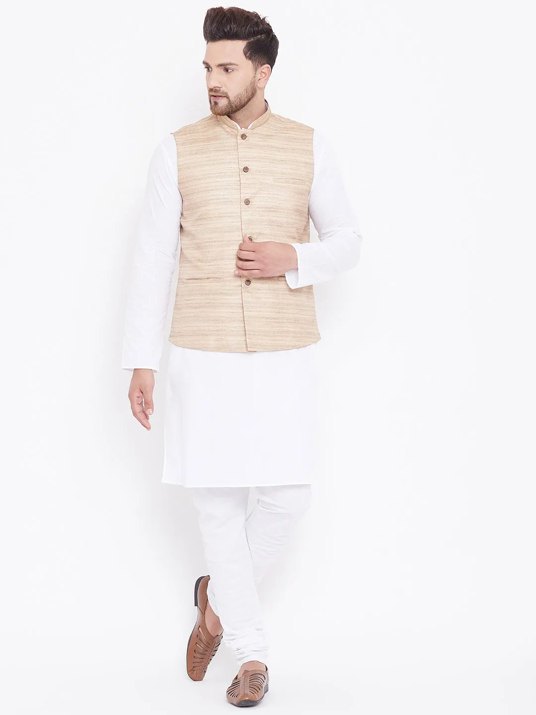 VASTRAMAY Men's Beige And White Cotton Blend Jacket, Kurta and Pyjama Set