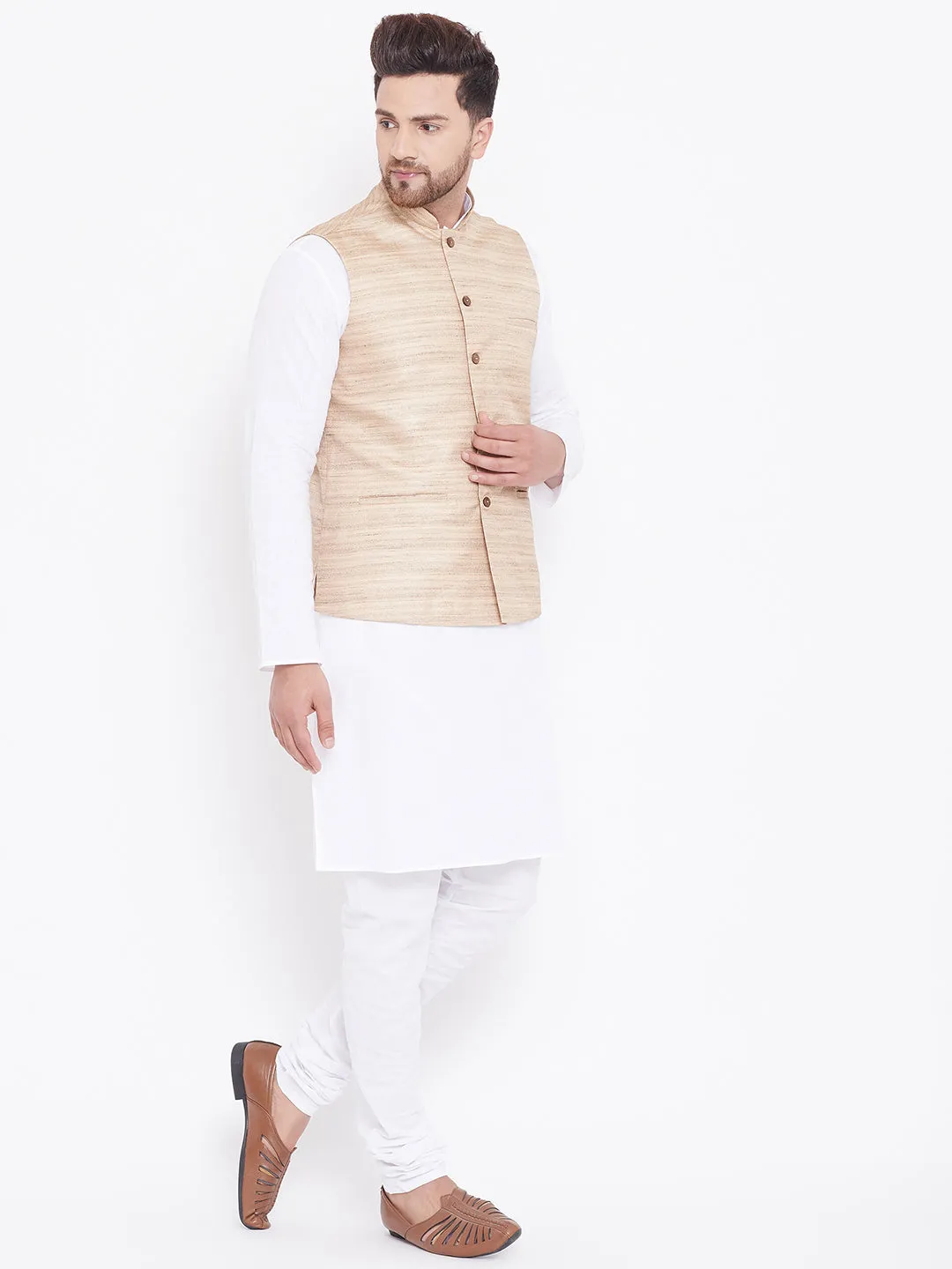 VASTRAMAY Men's Beige And White Cotton Blend Jacket, Kurta and Pyjama Set