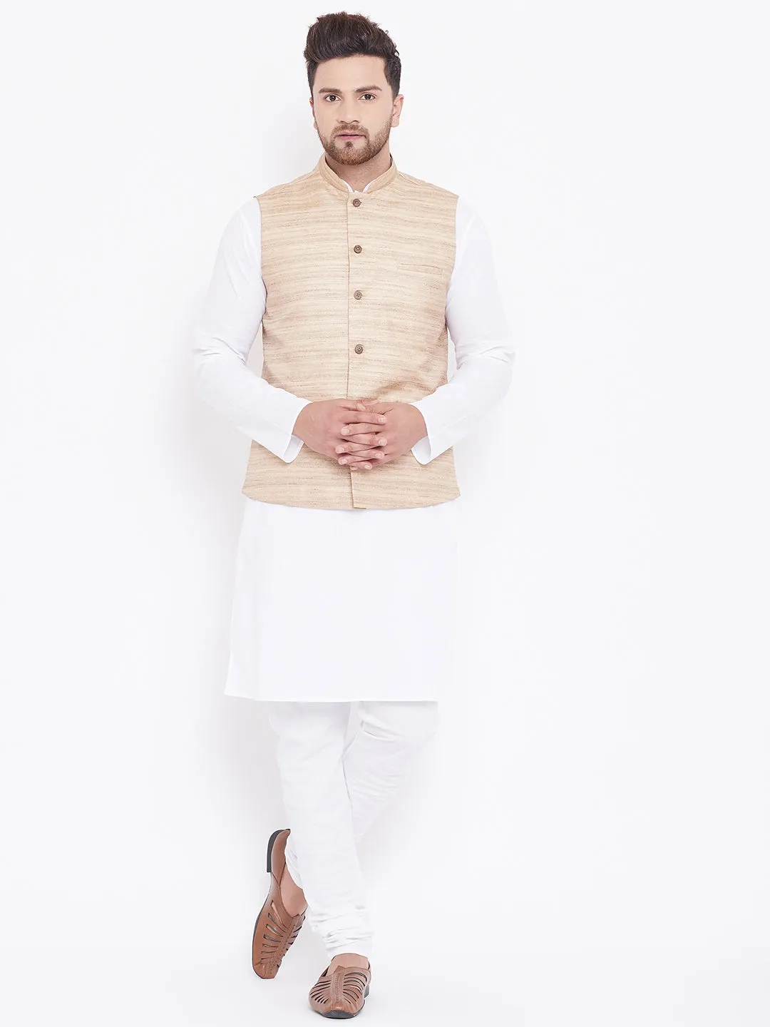 VASTRAMAY Men's Beige And White Cotton Blend Jacket, Kurta and Pyjama Set