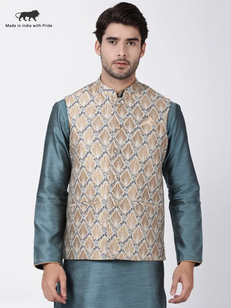 VASTRAMAY Men's Beige Cotton Silk Blend Ethnic Jacket