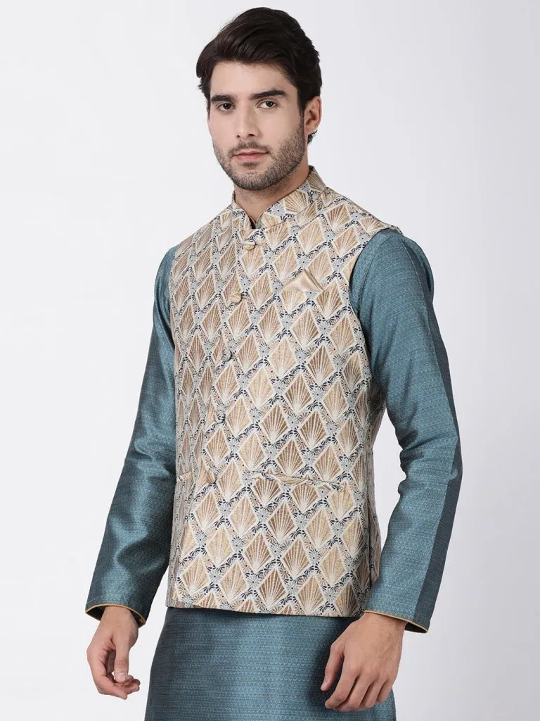 VASTRAMAY Men's Beige Cotton Silk Blend Ethnic Jacket