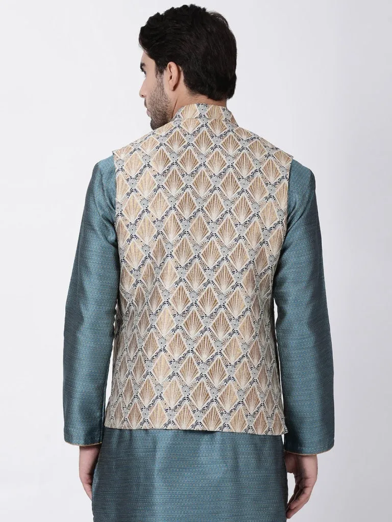 VASTRAMAY Men's Beige Cotton Silk Blend Ethnic Jacket