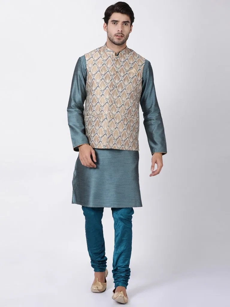 VASTRAMAY Men's Beige Cotton Silk Blend Ethnic Jacket