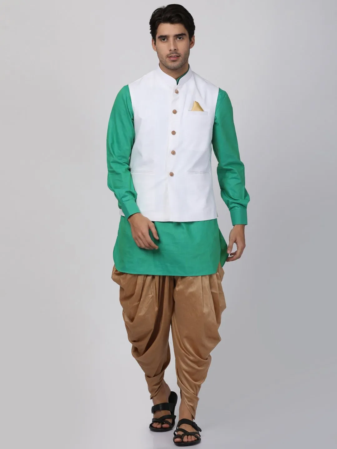 VASTRAMAY Men's Green Cotton Blend Ethnic Jacket, Kurta and Dhoti Pant Set