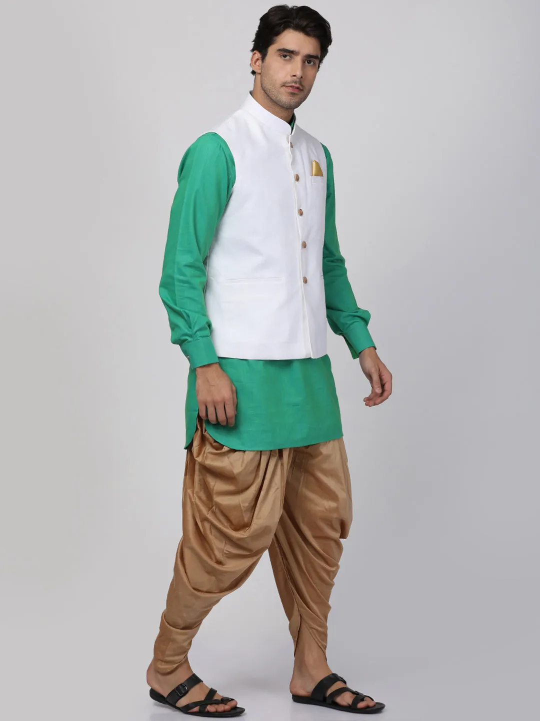 VASTRAMAY Men's Green Cotton Blend Ethnic Jacket, Kurta and Dhoti Pant Set