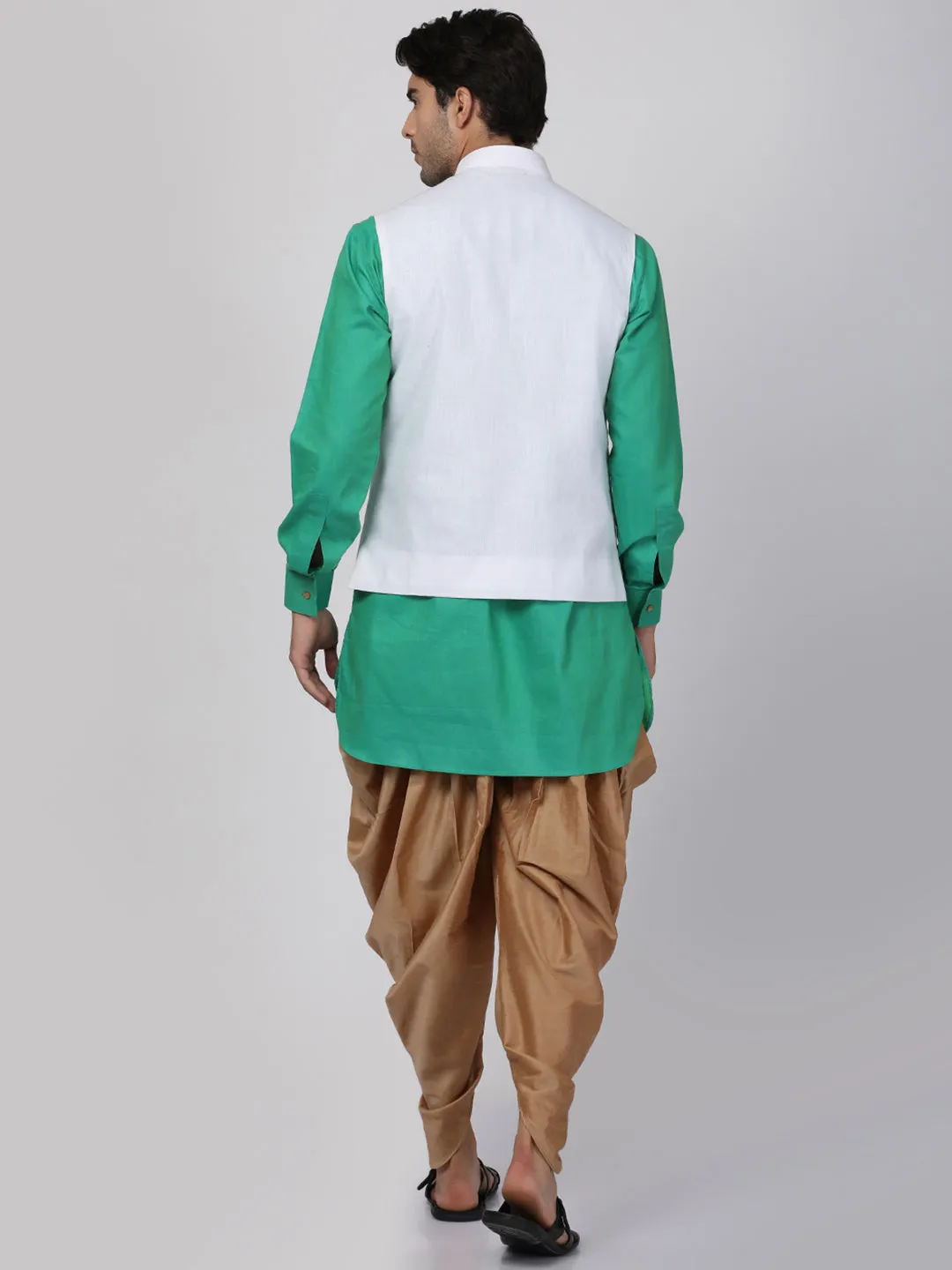 VASTRAMAY Men's Green Cotton Blend Ethnic Jacket, Kurta and Dhoti Pant Set