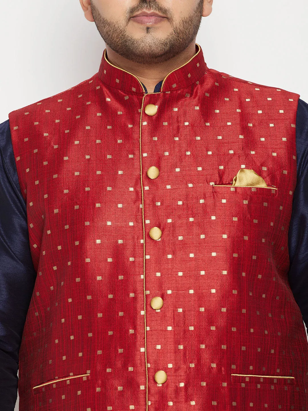 VASTRAMAY Men's Plus Size Maroon Zari Weaved Nehru Jacket With Kurta Pyjama set