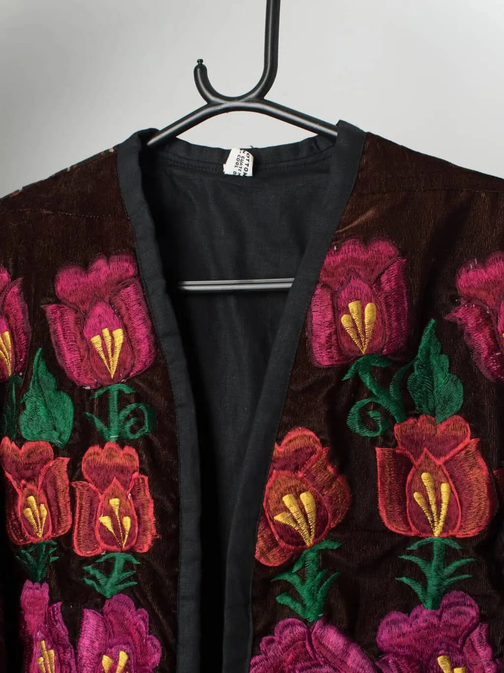 Vintage handmade embroidered floral jacket in brown – Medium / Large