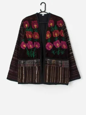 Vintage handmade embroidered floral jacket in brown – Medium / Large