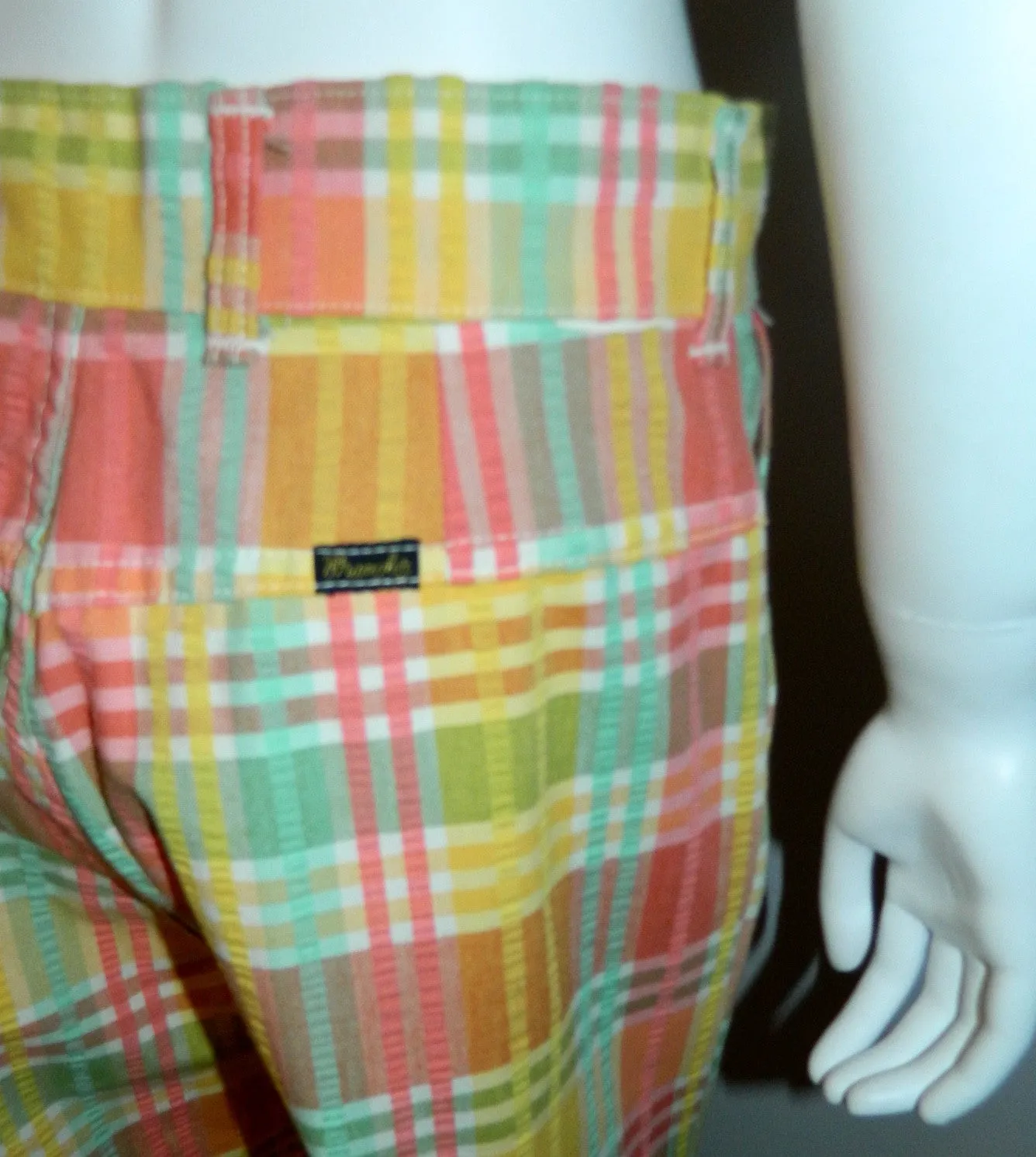 vintage plaid seersucker pants / 1970s pastel Wrangler jeans / wide leg cuffed trousers