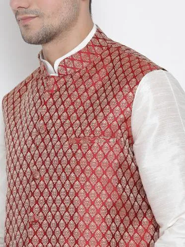 VM BY VASTRAMAY Men's Maroon Silk Blend Jacket With Kurta Pyjama Set