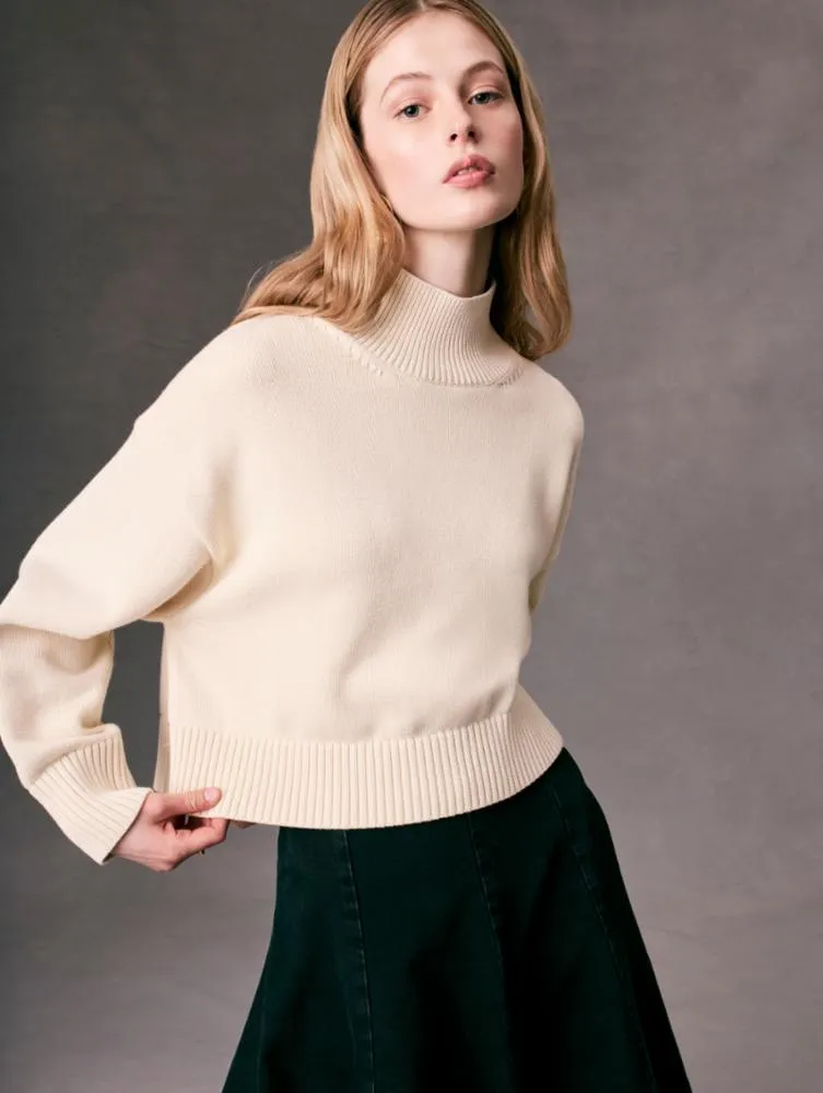 White + Warren Cotton Cropped Standneck Sweater in Ecru