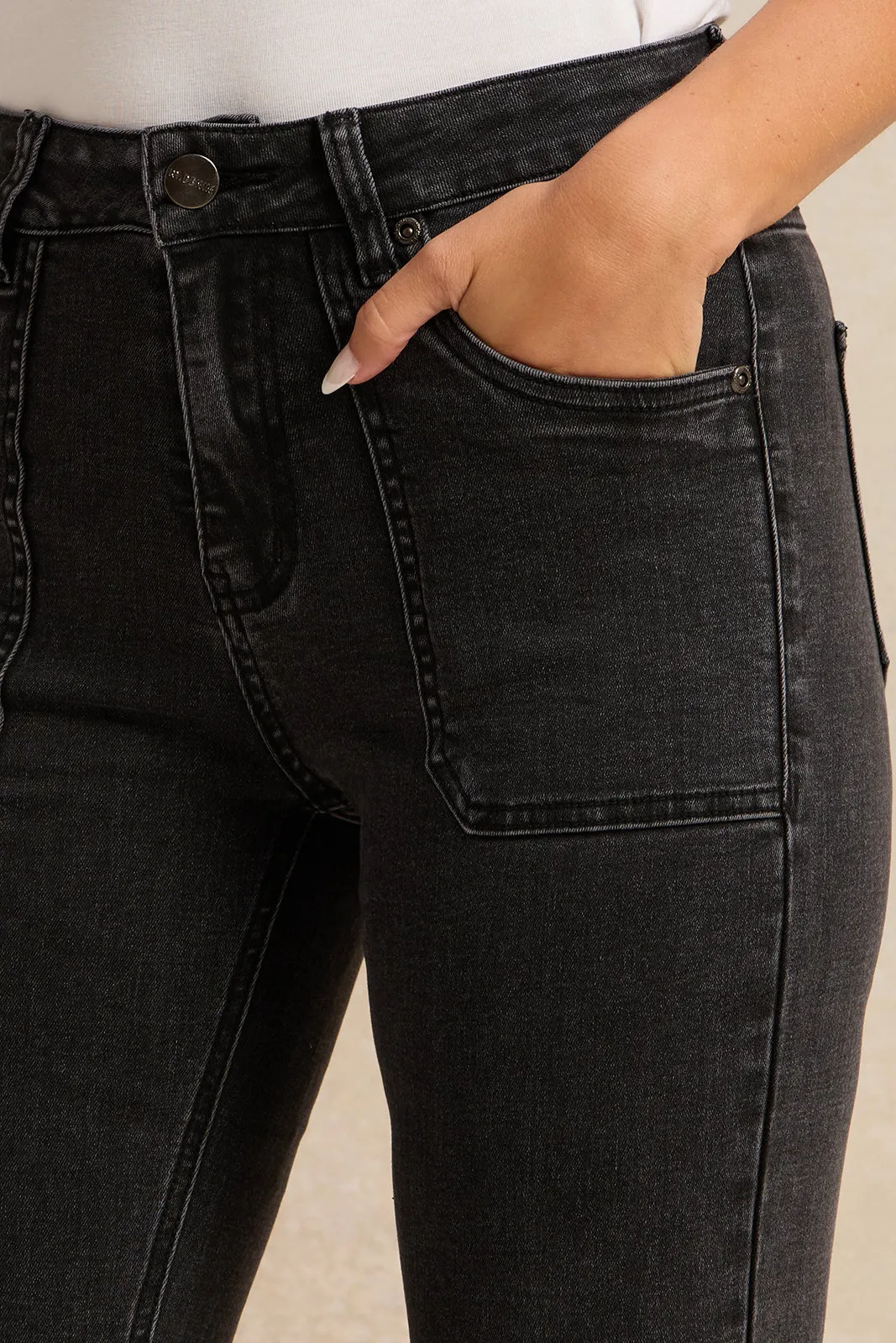 Women Grey Front Pocket Flared Jeans