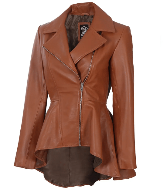 Women's Cognac Brown Peplum Leather Jacket