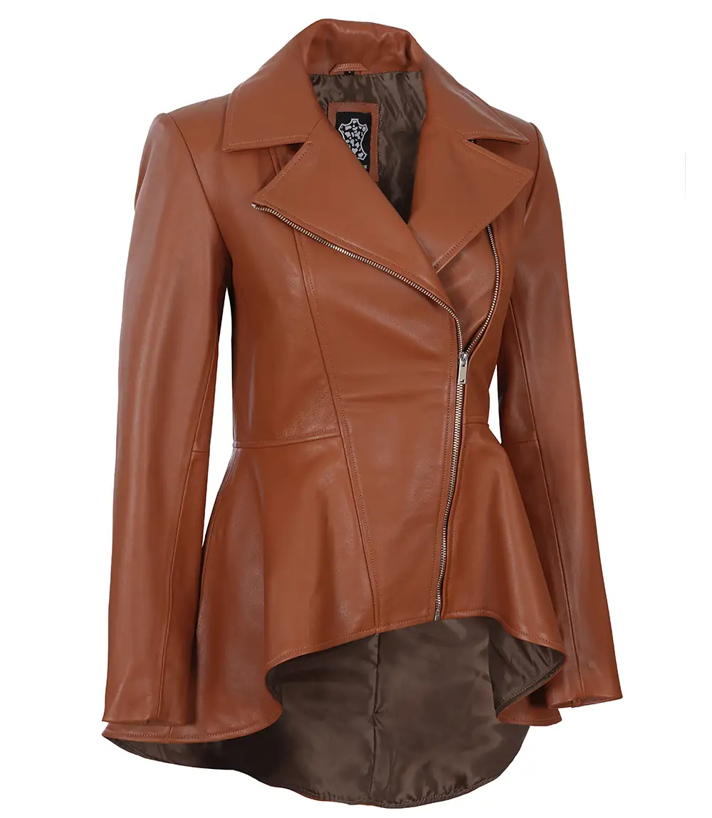 Women's Cognac Brown Peplum Leather Jacket