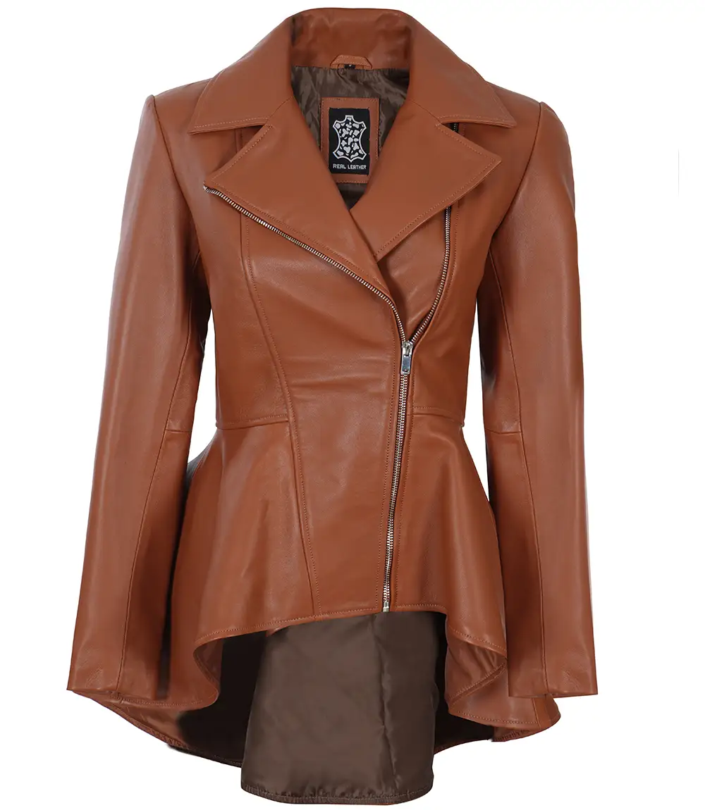 Women's Cognac Brown Peplum Leather Jacket