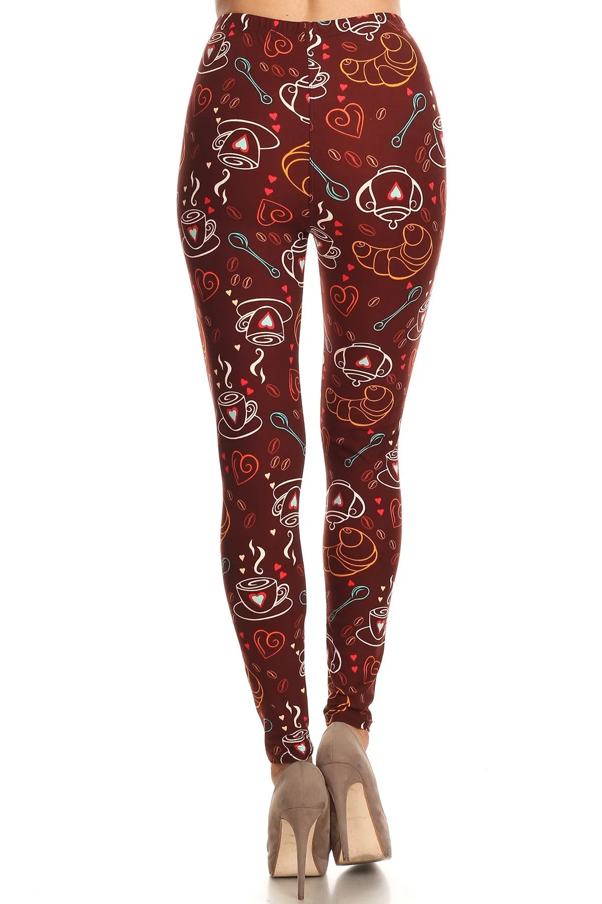 Women's 3 X 5X Coffee Tea Baguette Pattern Printed Leggings