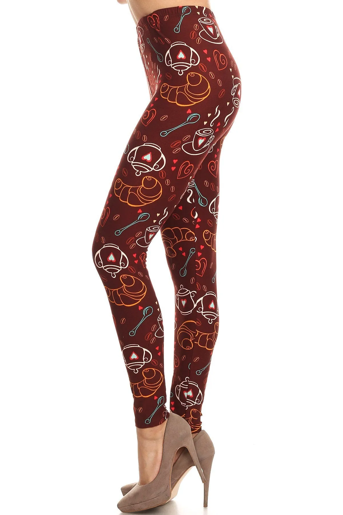 Women's 3 X 5X Coffee Tea Baguette Pattern Printed Leggings