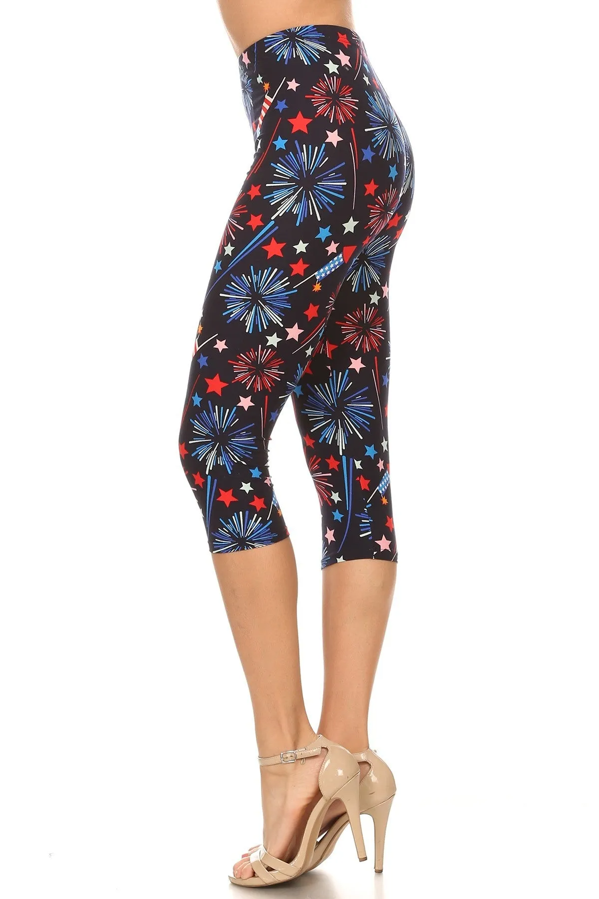 Women's 3X5X 4th of July Fireworks American Flag Printed Cropped Capri Leggings