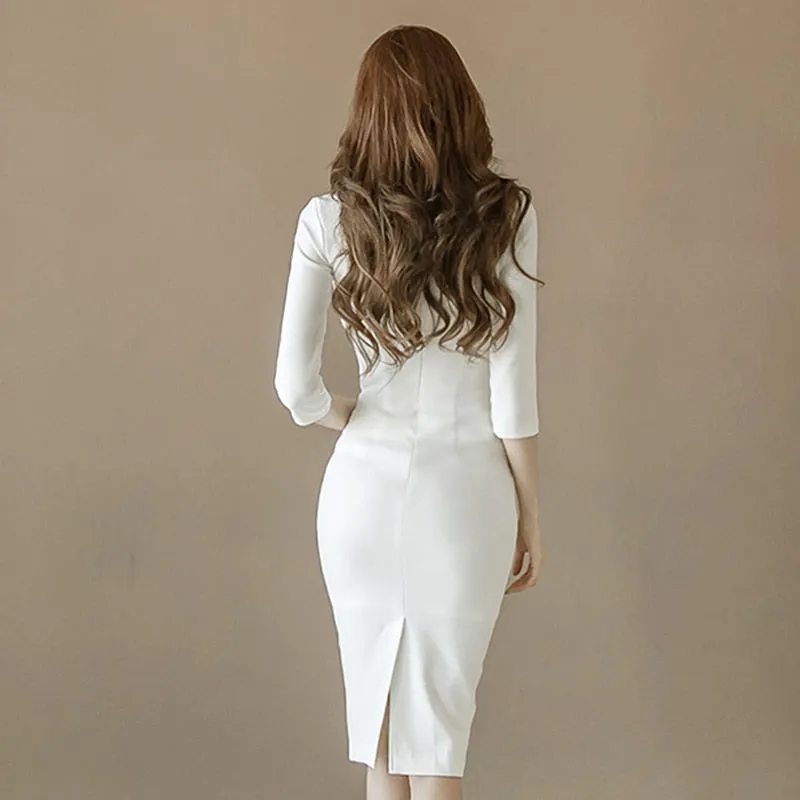 Women's Business Formal White Color V-neck Bodycon Pencil Fit Dress