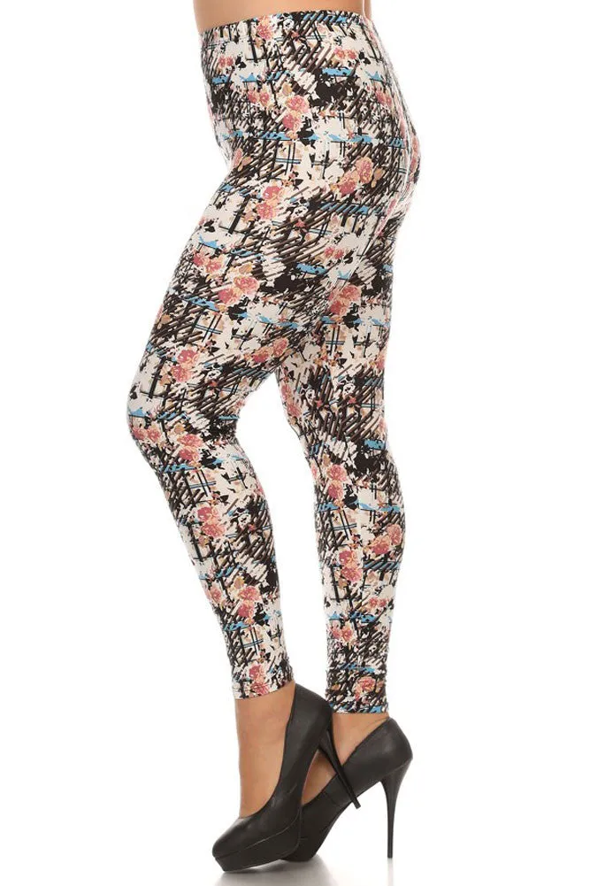 Women's Plus Abstract Paint Style Pattern Print Leggings - Black Sky Red