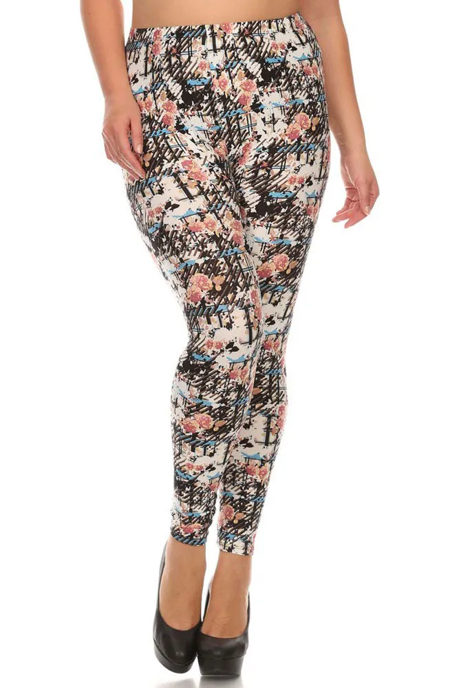 Women's Plus Abstract Paint Style Pattern Print Leggings - Black Sky Red