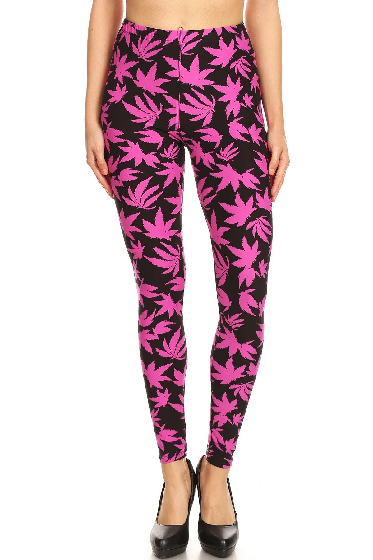 Women's Regular Allover Fuchsia Cannabis Leaf Plant Pattern Printed Leggings