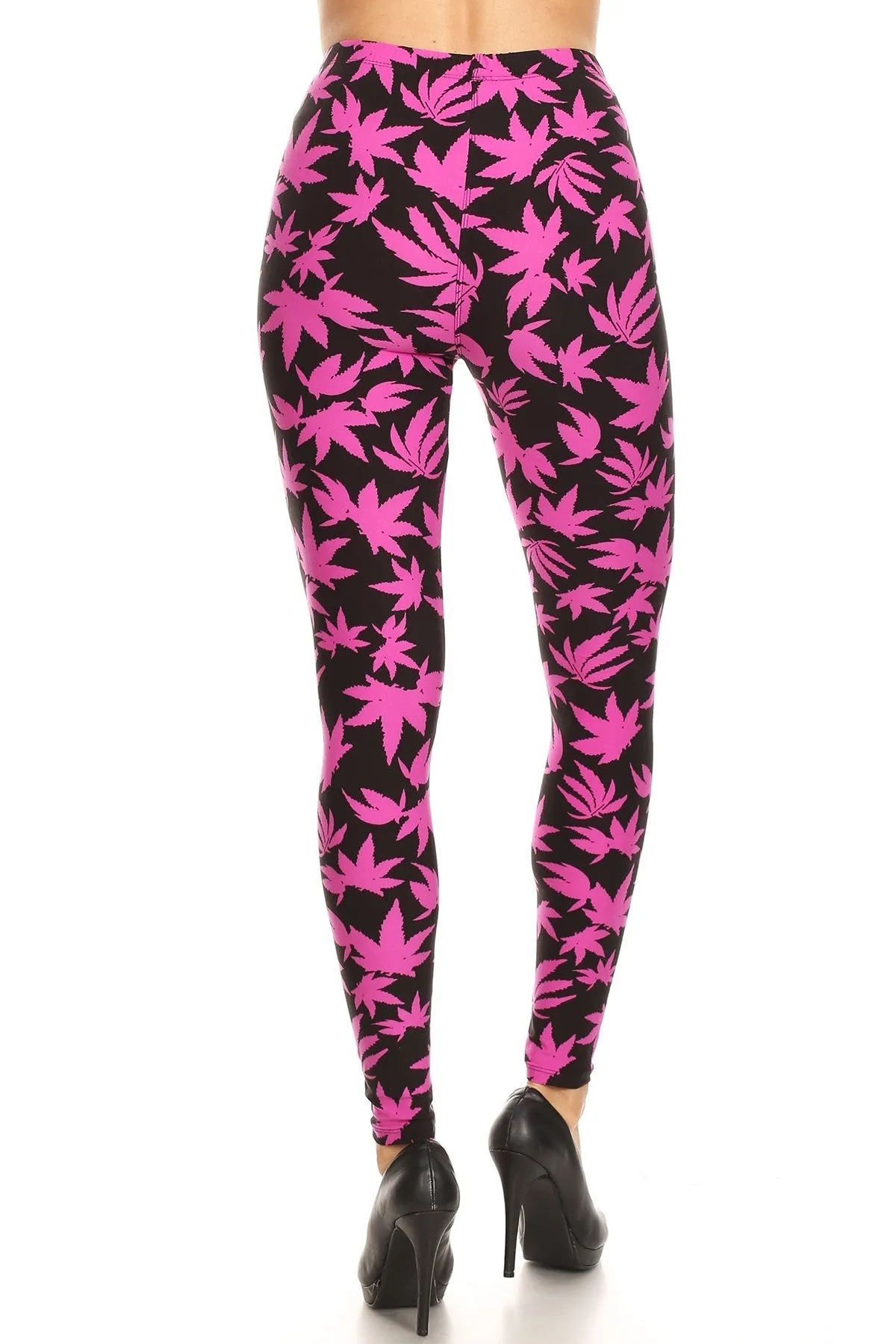 Women's Regular Allover Fuchsia Cannabis Leaf Plant Pattern Printed Leggings