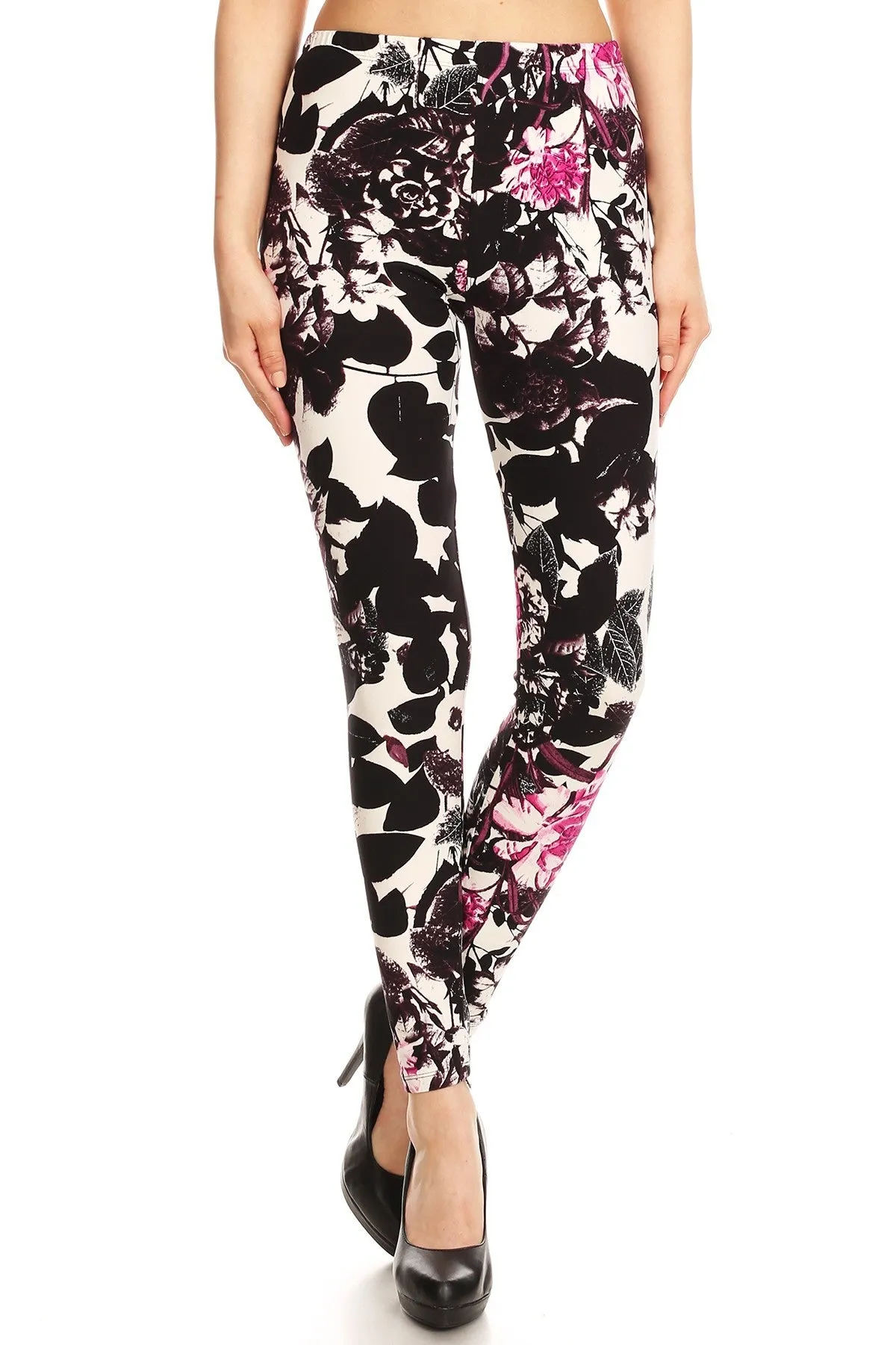 Women's Regular Black White Flower with Pink Pattern Printed Leggings