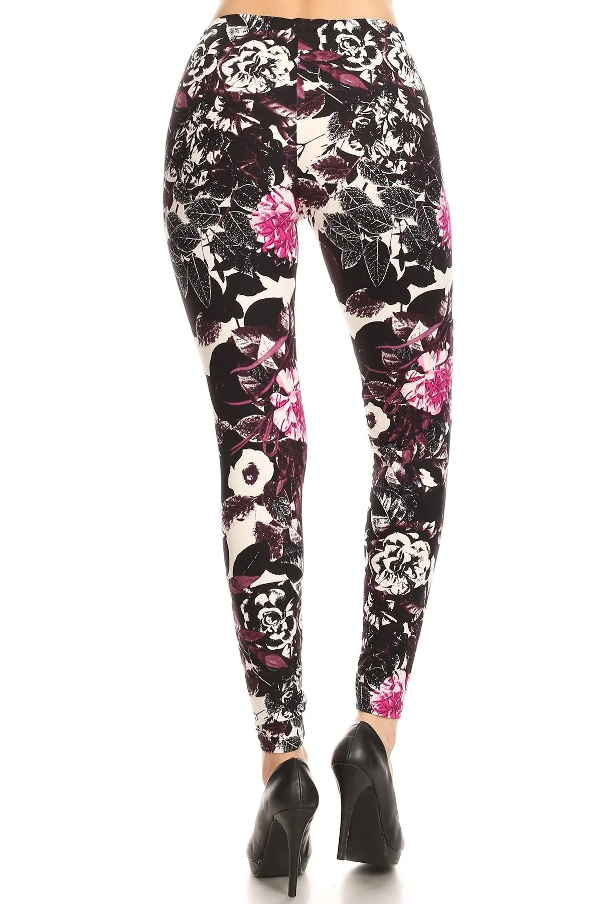 Women's Regular Black White Flower with Pink Pattern Printed Leggings