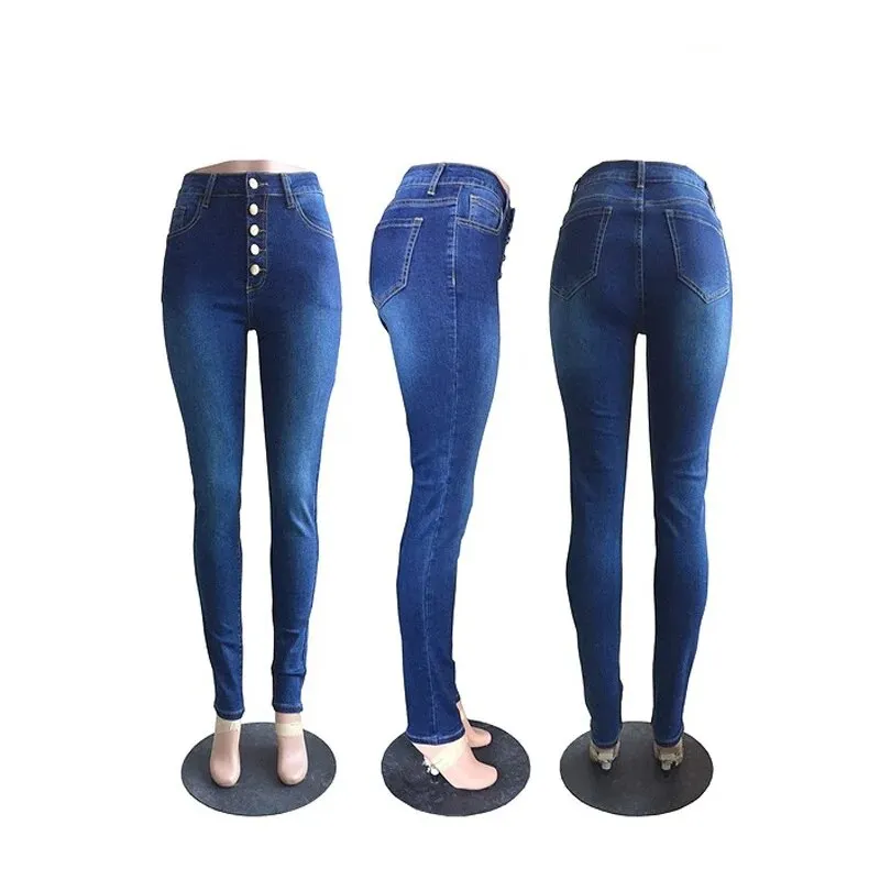 Women's Vintage Style High Waist Button-Up Skinny Denim Trousers