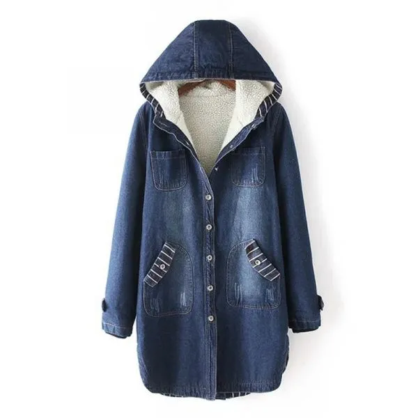 Women's long denim coat with polar fleece