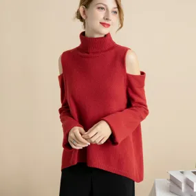 Wool off shoulder high neck knitted solid color coat