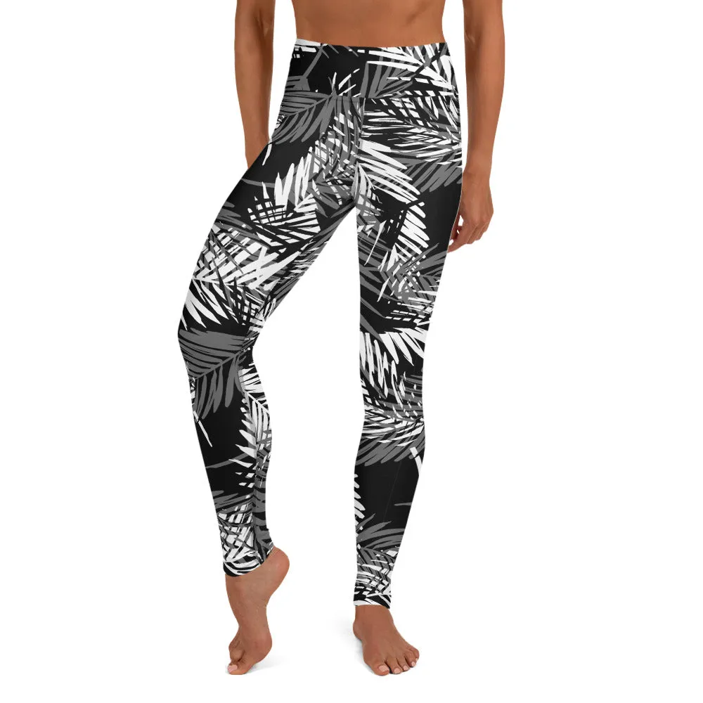 Yoga Leggings in Monotone Tropical Palm Print