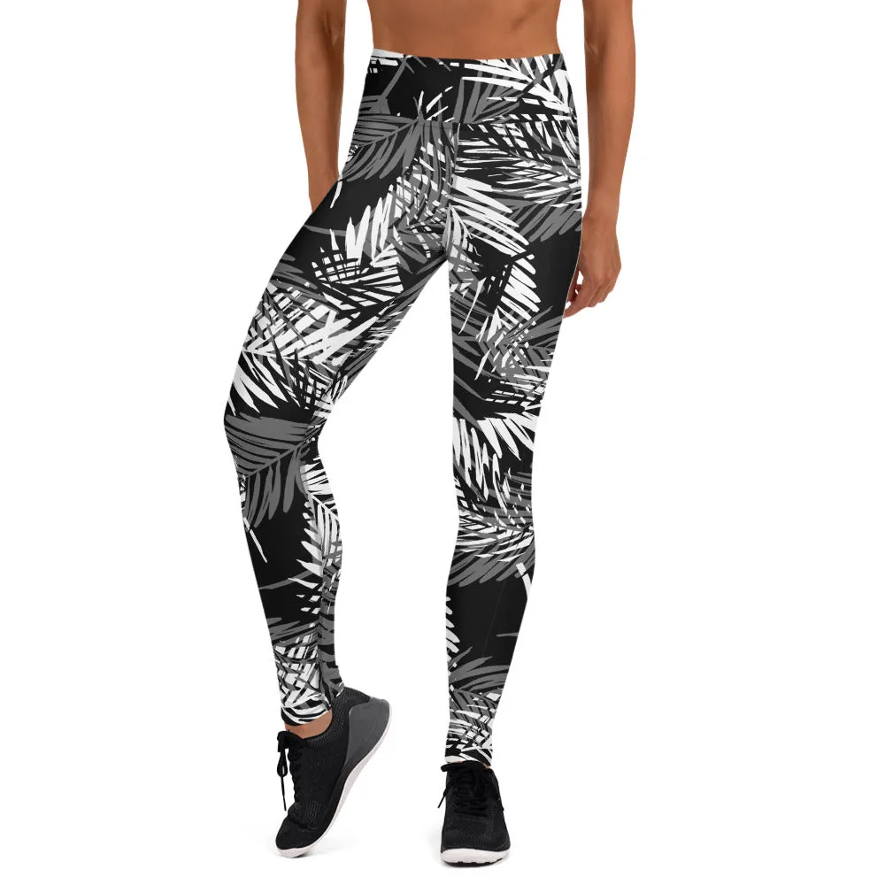 Yoga Leggings in Monotone Tropical Palm Print